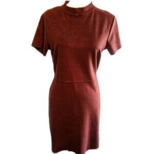 Hyfve short sleeve brown faux suede mini dress, cute scalloped edges L